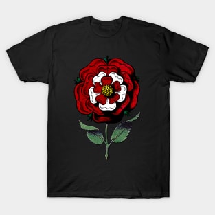 Vintage Tudor Rose on Stem, Red and White Petals T-Shirt